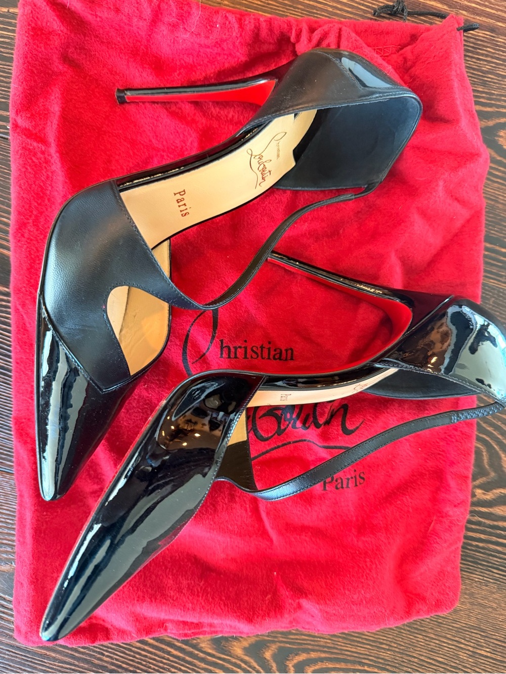 Christian Louboutin Black Patent Leather T-Strap Pointed Toe Pumps 39.5